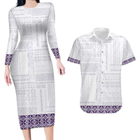 Samoa Siapo Purple Trimmed Couples Matching Long Sleeve Bodycon Dress and Hawaiian Shirt Samoa White Sunday - Polynesian Pride