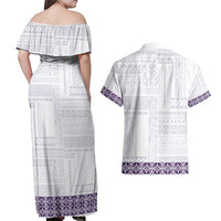 Samoa Siapo Purple Trimmed Couples Matching Off Shoulder Maxi Dress and Hawaiian Shirt Samoa White Sunday - Polynesian Pride