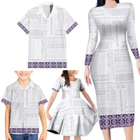 Samoa Siapo Purple Trimmed Family Matching Long Sleeve Bodycon Dress and Hawaiian Shirt Samoa White Sunday - Polynesian Pride