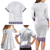 Samoa Siapo Purple Trimmed Family Matching Long Sleeve Bodycon Dress and Hawaiian Shirt Samoa White Sunday - Polynesian Pride