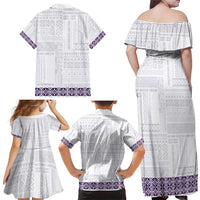 Samoa Siapo Purple Trimmed Family Matching Off Shoulder Maxi Dress and Hawaiian Shirt Samoa White Sunday - Polynesian Pride