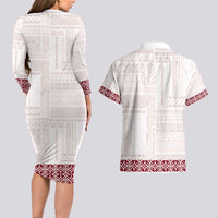 Samoa Siapo Red Trimmed Couples Matching Long Sleeve Bodycon Dress and Hawaiian Shirt Samoa White Sunday - Polynesian Pride