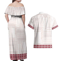 Samoa Siapo Red Trimmed Couples Matching Off Shoulder Maxi Dress and Hawaiian Shirt Samoa White Sunday - Polynesian Pride