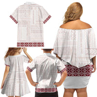 Samoa Siapo Red Trimmed Family Matching Off Shoulder Short Dress and Hawaiian Shirt Samoa White Sunday - Polynesian Pride