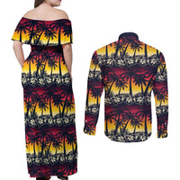 Hawaii Hibiscus Palm Tree Sunset Couples Matching Off Shoulder Maxi Dress and Long Sleeve Button Shirt Tropical Style - Polynesian Pride