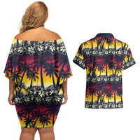 Hawaii Hibiscus Palm Tree Sunset Couples Matching Off Shoulder Short Dress and Hawaiian Shirt Tropical Style - Polynesian Pride