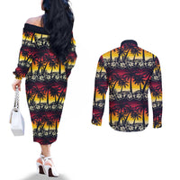 Hawaii Hibiscus Palm Tree Sunset Couples Matching Off The Shoulder Long Sleeve Dress and Long Sleeve Button Shirt Tropical Style - Polynesian Pride