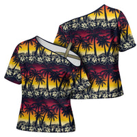 Hawaii Hibiscus Palm Tree Sunset Cross Shoulder Shirt Tropical Style - Polynesian Pride