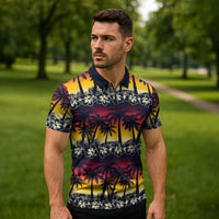 Hawaii Hibiscus Palm Tree Sunset Zipper Polo Shirt Tropical Style - Polynesian Pride