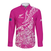 Custom New Zealand Rugby Silver Fern Long Sleeve Button Shirt Aotearoa Kiwi Maori Pink Version - Polynesian Pride