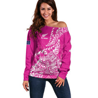 Custom New Zealand Rugby Silver Fern Off Shoulder Sweater Aotearoa Kiwi Maori Pink Version - Polynesian Pride