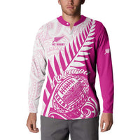 Custom New Zealand Rugby Silver Fern Button Sweatshirt Aotearoa Maori Pink Version - Polynesian Pride