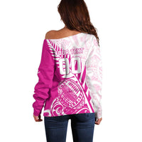 Custom New Zealand Rugby Silver Fern Off Shoulder Sweater Aotearoa Maori Pink Version - Polynesian Pride