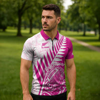 Custom New Zealand Rugby Silver Fern Zipper Polo Shirt Aotearoa Maori Pink Version - Polynesian Pride