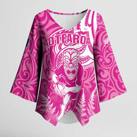 New Zealand Silver Fern Rugby All Pink Kimono Sleeve Blouse Maori Tiki Player With Ta Moko Tribal - Polynesian Pride