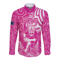 New Zealand Silver Fern Rugby All Pink Long Sleeve Button Shirt Maori Tiki Player With Ta Moko Tribal - Polynesian Pride