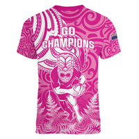 New Zealand Silver Fern Rugby All Pink Women V-Neck T-Shirt Maori Tiki Player With Ta Moko Tribal - Polynesian Pride