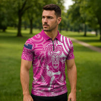 New Zealand Silver Fern Rugby All Pink Zipper Polo Shirt Maori Tiki Player With Ta Moko Tribal LT01 - Polynesian Pride