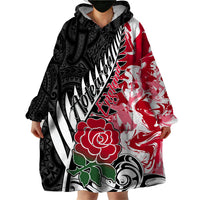 Custom New Zealand and England Rugby Wearable Blanket Hoodie Silver Fern With Red Rose World Cup 2023 LT01 - Polynesian Pride