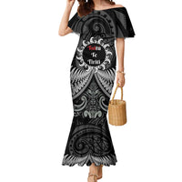 Personalised Toitu Te Tiriti Aotearoa Silver Fern Mermaid Dress New Zealand Maori Pattern LT01 Women Black - Polynesian Pride