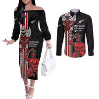 Toitu Te Reo Maori Toitu Te Whenua Toitu Te Tiriti Couples Matching Off The Shoulder Long Sleeve Dress and Long Sleeve Button Shirt Maori Warrior New Zealand