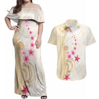 Beige Frangipani Sea Shell Couples Matching Off Shoulder Maxi Dress and Hawaiian Shirt Starfish Polynesian Pattern - Polynesian Pride