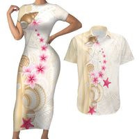 Beige Frangipani Sea Shell Couples Matching Short Sleeve Bodycon Dress and Hawaiian Shirt Starfish Polynesian Pattern - Polynesian Pride