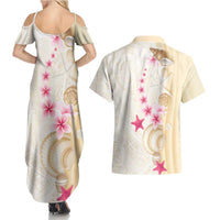 Beige Frangipani Sea Shell Couples Matching Summer Maxi Dress and Hawaiian Shirt Starfish Polynesian Pattern - Polynesian Pride