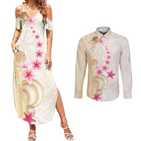 Beige Frangipani Sea Shell Couples Matching Summer Maxi Dress and Long Sleeve Button Shirt Starfish Polynesian Pattern - Polynesian Pride