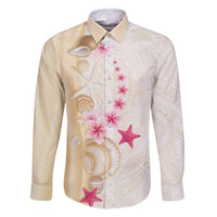 Beige Frangipani Sea Shell Family Matching Long Sleeve Bodycon Dress and Hawaiian Shirt Starfish Polynesian Pattern - Polynesian Pride