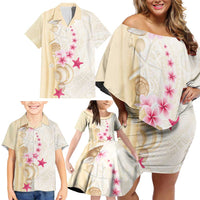 Beige Frangipani Sea Shell Family Matching Off Shoulder Short Dress and Hawaiian Shirt Starfish Polynesian Pattern - Polynesian Pride