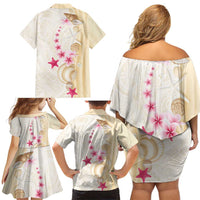 Beige Frangipani Sea Shell Family Matching Off Shoulder Short Dress and Hawaiian Shirt Starfish Polynesian Pattern - Polynesian Pride