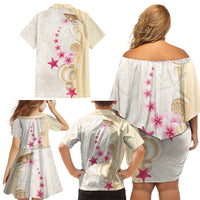 Beige Frangipani Sea Shell Family Matching Off Shoulder Short Dress and Hawaiian Shirt Starfish Polynesian Pattern - Polynesian Pride