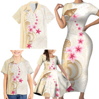 Beige Frangipani Sea Shell Family Matching Short Sleeve Bodycon Dress and Hawaiian Shirt Starfish Polynesian Pattern - Polynesian Pride