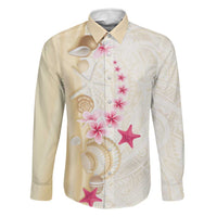 Beige Frangipani Sea Shell Family Matching Short Sleeve Bodycon Dress and Hawaiian Shirt Starfish Polynesian Pattern - Polynesian Pride