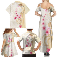 Beige Frangipani Sea Shell Family Matching Summer Maxi Dress and Hawaiian Shirt Starfish Polynesian Pattern - Polynesian Pride