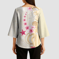 Beige Frangipani Sea Shell Kimono Sleeve Blouse Starfish Polynesian Pattern - Polynesian Pride