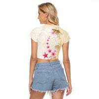 Beige Frangipani Sea Shell Raglan Cropped T Shirt Starfish Polynesian Pattern - Polynesian Pride