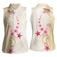 Beige Frangipani Sea Shell Women Sleeveless Polo Shirt Starfish Polynesian Pattern - Polynesian Pride