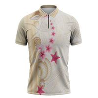 Beige Frangipani Sea Shell Zipper Polo Shirt Starfish Polynesian Pattern - Polynesian Pride