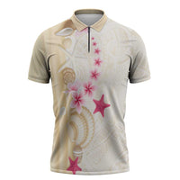 Beige Frangipani Sea Shell Zipper Polo Shirt Starfish Polynesian Pattern - Polynesian Pride