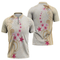 Beige Frangipani Sea Shell Zipper Polo Shirt Starfish Polynesian Pattern - Polynesian Pride