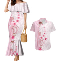 Pink Plumeria Sea Shell Couples Matching Mermaid Dress and Hawaiian Shirt Starfish Polynesian Pattern - Polynesian Pride