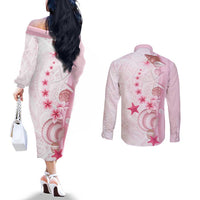 Pink Plumeria Sea Shell Couples Matching Off The Shoulder Long Sleeve Dress and Long Sleeve Button Shirt Starfish Polynesian Pattern - Polynesian Pride