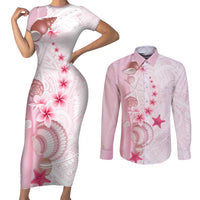 Pink Plumeria Sea Shell Couples Matching Short Sleeve Bodycon Dress and Long Sleeve Button Shirt Starfish Polynesian Pattern - Polynesian Pride