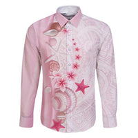 Pink Plumeria Sea Shell Family Matching Long Sleeve Bodycon Dress and Hawaiian Shirt Starfish Polynesian Pattern LT01 Dad's Shirt - Long Sleeve Pink - Polynesian Pride