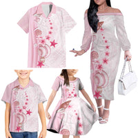 Pink Plumeria Sea Shell Family Matching Off The Shoulder Long Sleeve Dress and Hawaiian Shirt Starfish Polynesian Pattern LT01 - Polynesian Pride