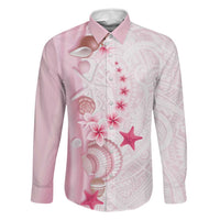 Pink Plumeria Sea Shell Family Matching Off The Shoulder Long Sleeve Dress and Hawaiian Shirt Starfish Polynesian Pattern LT01 Dad's Shirt - Long Sleeve Pink - Polynesian Pride