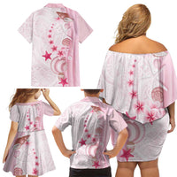 Pink Plumeria Sea Shell Family Matching Off Shoulder Short Dress and Hawaiian Shirt Starfish Polynesian Pattern - Polynesian Pride