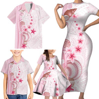 Pink Plumeria Sea Shell Family Matching Short Sleeve Bodycon Dress and Hawaiian Shirt Starfish Polynesian Pattern - Polynesian Pride